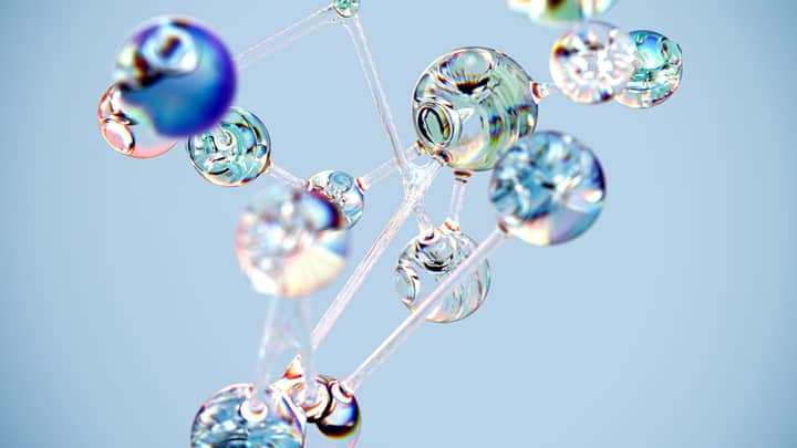 Flowing glass-like molecular structure in blue. Conceptual digital art with a tech twist.