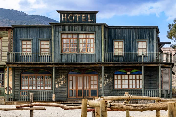 Rustic Western-style hotel facade in Tabernas, Spain showcases classic vintage architecture.