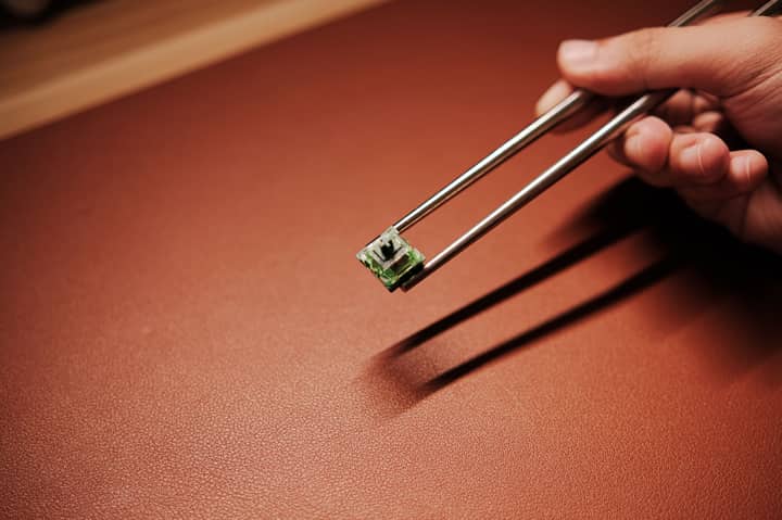 A detailed view of a hand holding a mechanical switch with chopsticks, showcasing technology and precision.