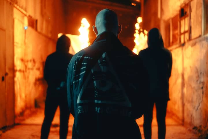 Three mysterious figures stand in an alley with dramatic flames lighting up the night.