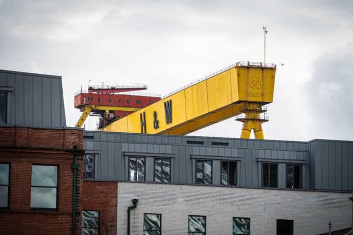 View of the iconic Harland & Wolff crane in Belfast, Northern Ireland.