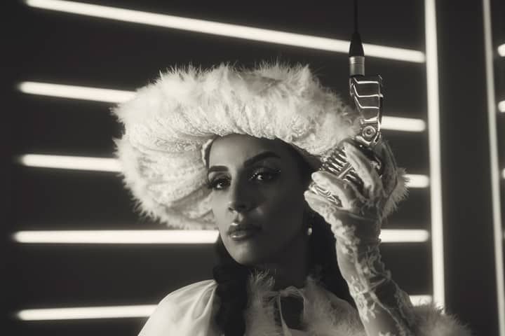 Elegant woman in vintage attire with fur hat and lace gloves holding a microphone.