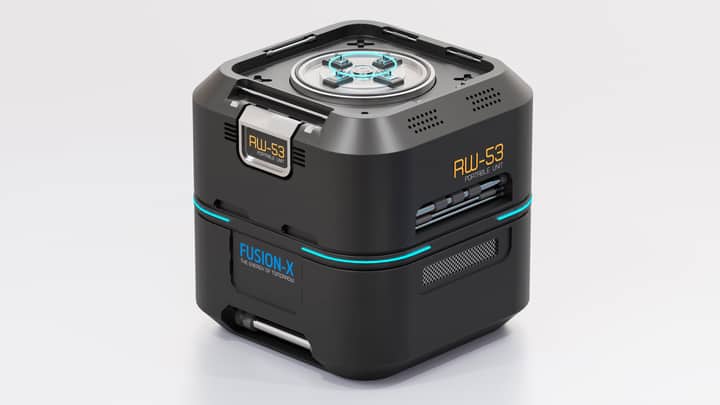 Modern RW-53 portable fusion energy unit showcased against a clean white background.
