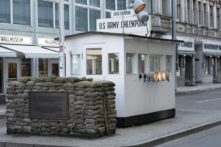 Historic US Army checkpoint at Berlin's Mauermuseum near former Berlin Wall.