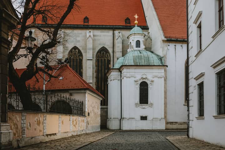 Gothic landmark St. Martin's Cathedral in Bratislava's historic Old Town.