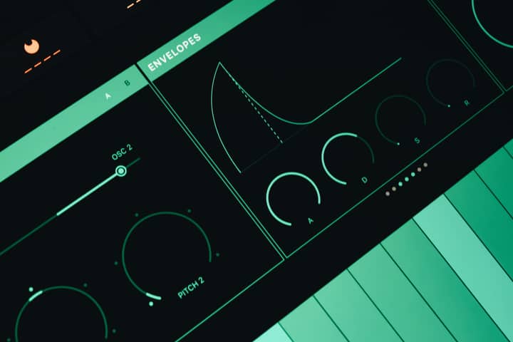 Close-up view of a synthesizer interface showing envelopes and oscillators.