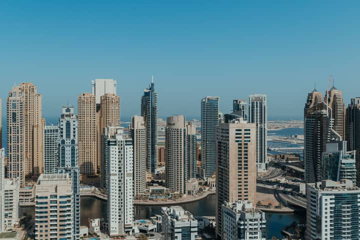 A breathtaking view of Dubai's modern skyline featuring towering skyscrapers and futuristic architecture.
