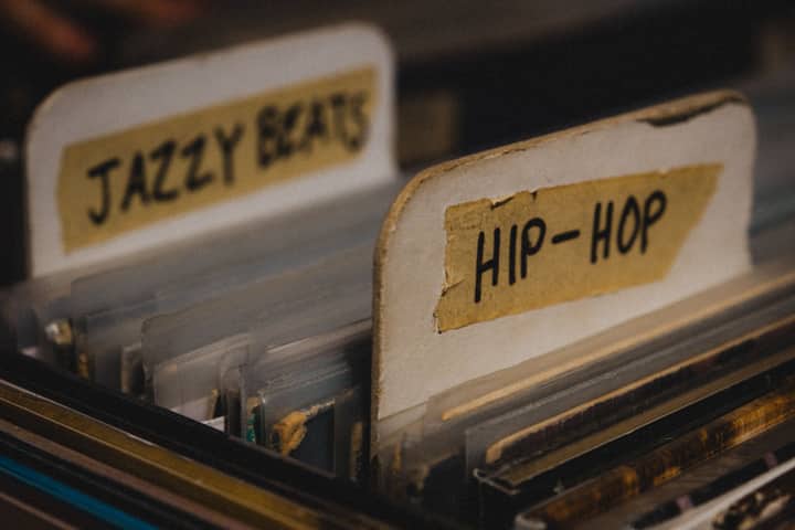 Vinyl records categorized under 'Jazzy Beats' and 'Hip-Hop' in a vintage collection.