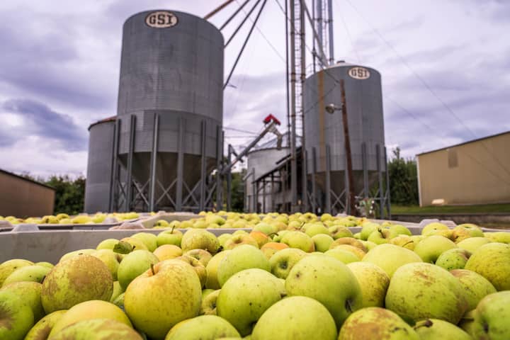 Bins of fresh green apples in front of rural silos under a cloudy sky.