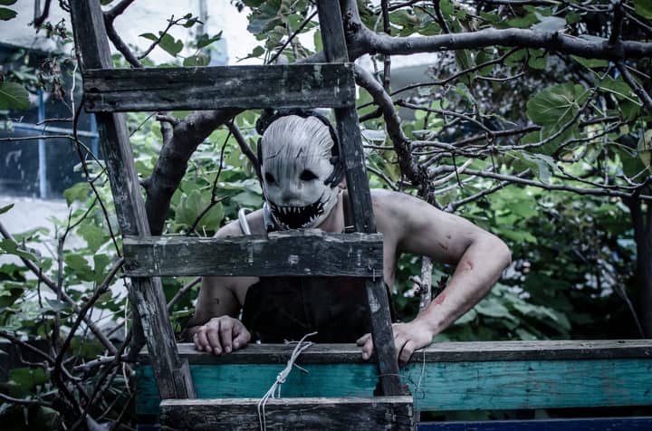 A spooky masked figure peers through a ladder in an eerie overgrown garden setting.