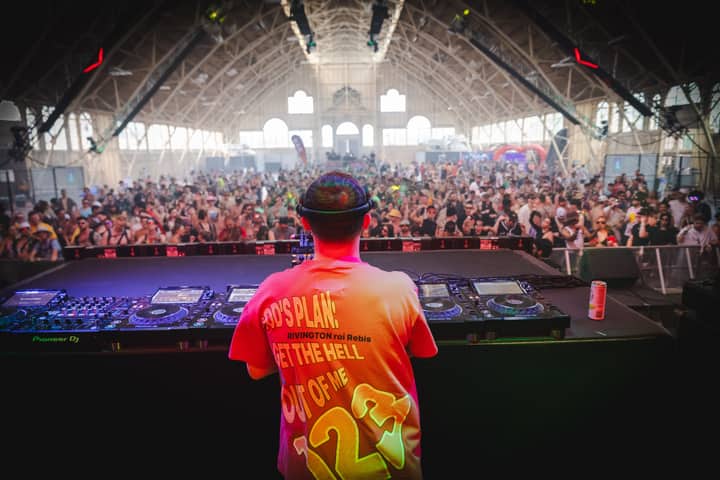 DJ in a lively indoor music festival setting with a crowd captivated by the energetic performance.