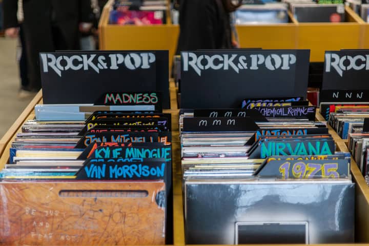 Record store display featuring classic rock and pop albums in England.