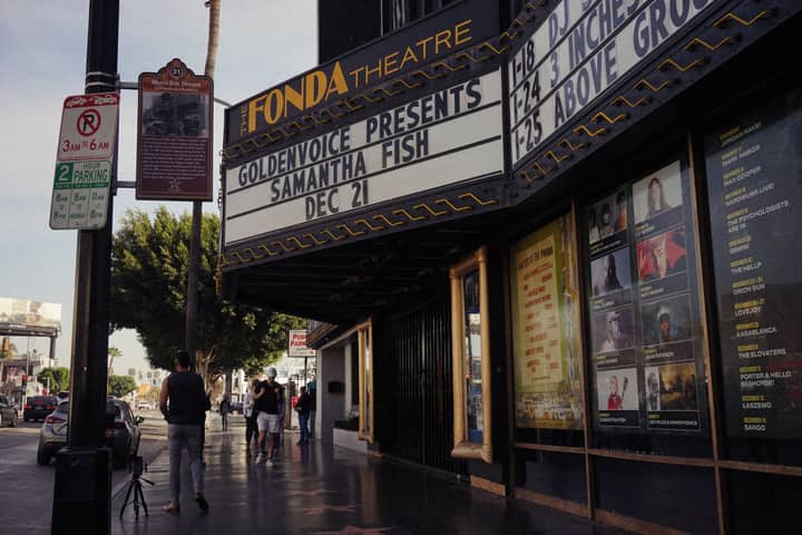 Fonda Theatre exterior in Los Angeles with marquee listing upcoming shows.