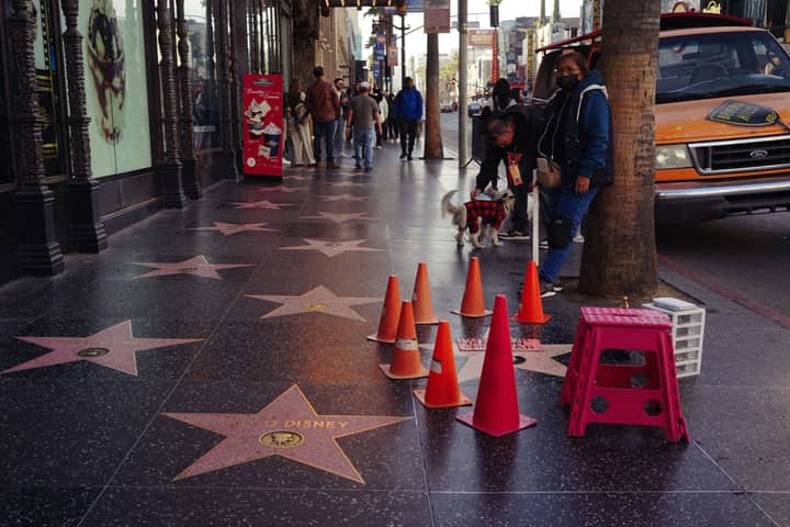 Vibrant day on the Hollywood Walk of Fame with stars and pedestrians.