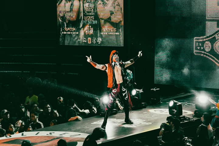 A vibrant luchador performs on stage in a lively wrestling event, thrilling a packed audience.