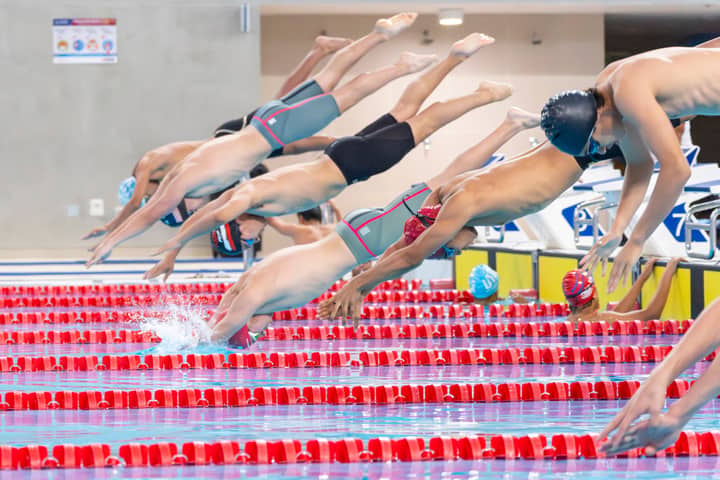 Swimmers dive into the pool during a competitive race in an indoor facility.