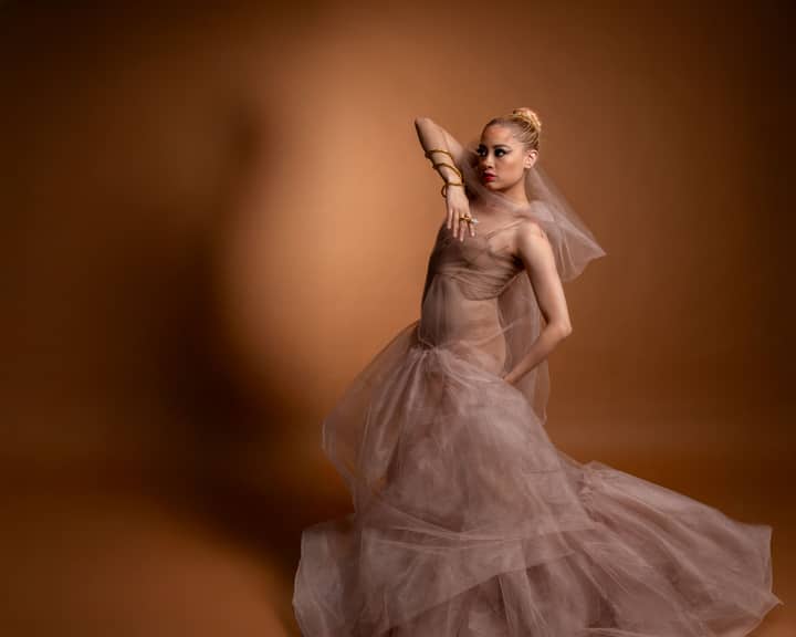 A contemporary dancer in a translucent mocha dress striking an elegant pose against a warm background.