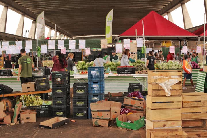Vibrant indoor market scene with fresh produce and people shopping in São Paulo, Brazil.