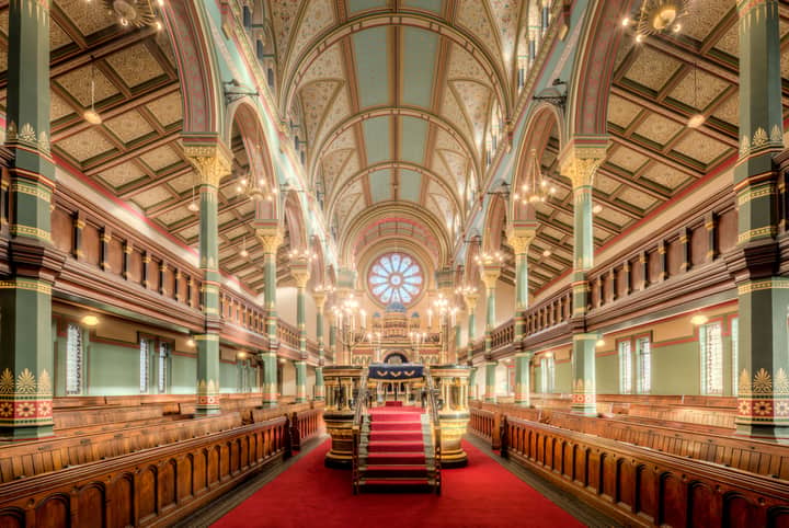 A stunning view of the ornate interior of Princes Road Synagogue in Liverpool, England.