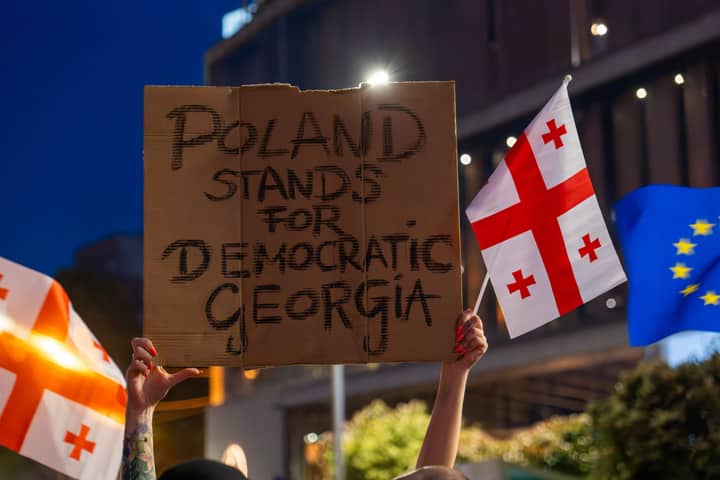 Nighttime protest in Tbilisi supporting Georgia's democracy with flags and signs.