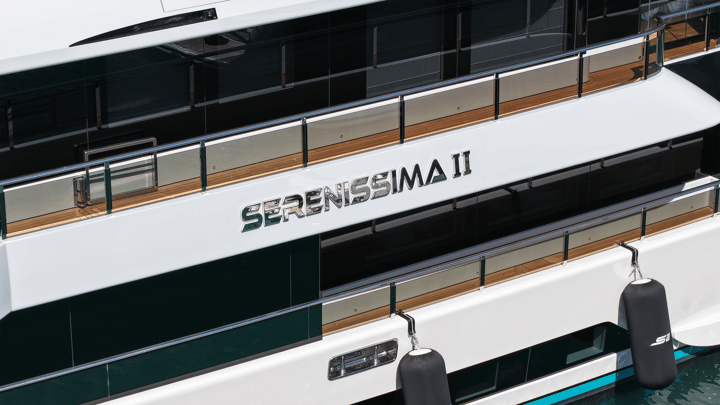 Close-up of the luxury yacht Serenissima II docked in İstanbul, Türkiye.