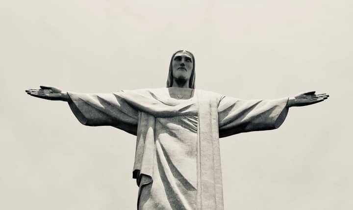 Black and white photo of Christ the Redeemer statue, Rio de Janeiro.