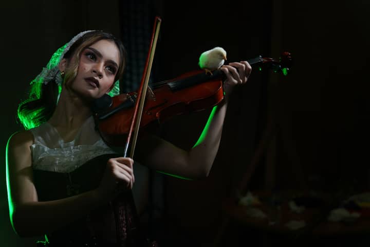 Stunning portrait of a woman playing violin with a chick, captured in dramatic lighting.