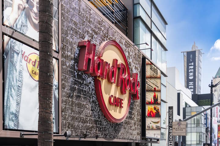 Exterior view of the iconic Hard Rock Cafe on Hollywood Boulevard, showcasing its vibrant signage.