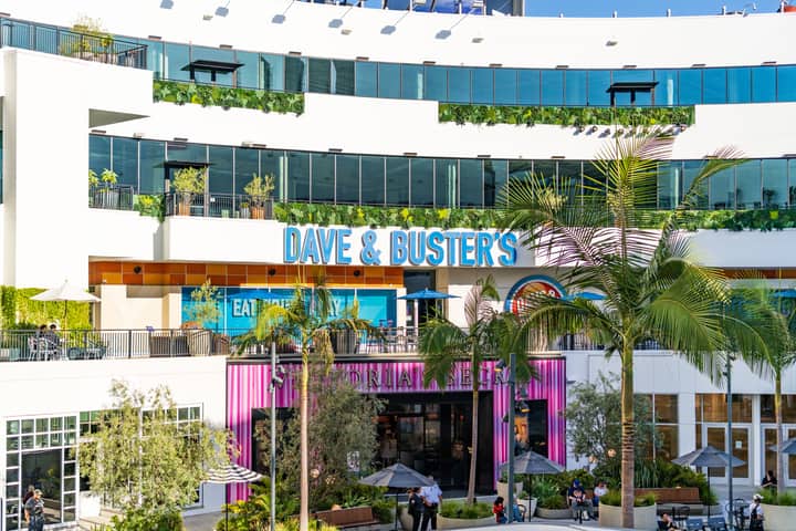 Exterior view of Dave & Buster's in Los Angeles, showcasing the vibrant entertainment venue.