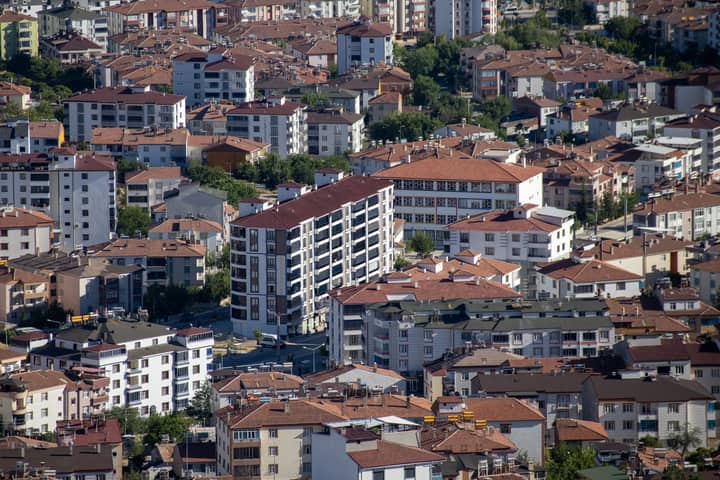 Aerial view of concrete and red-roof buildings in Elazig, Turkey.