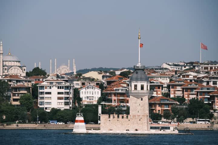 Stunning view of Maiden's Tower against the Istanbul skyline under a clear blue sky.