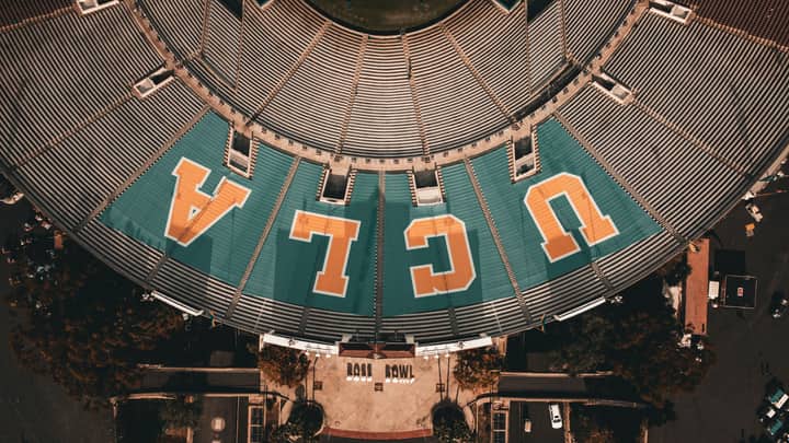 Stunning aerial image of the iconic UCLA Rose Bowl Stadium in Los Angeles, California.