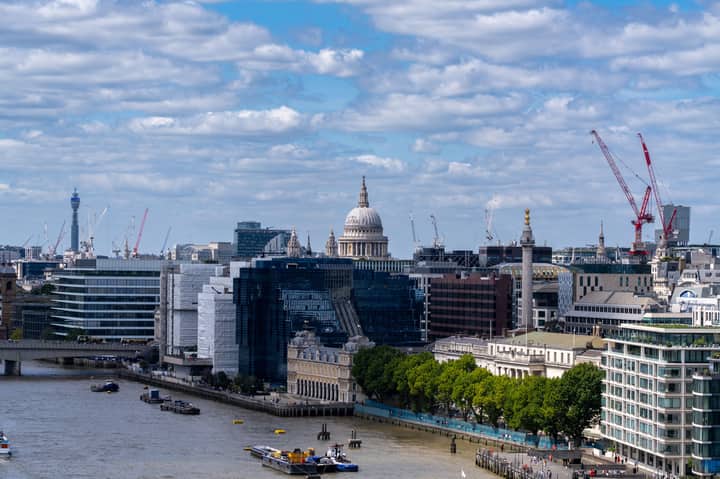 A stunning view of London's skyline with St Paul's Cathedral and the River Thames on a bright day.