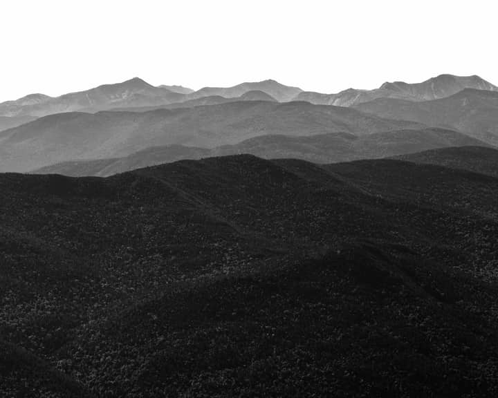 Monochrome view of Adirondack Mountain range near Wilmington, New York.