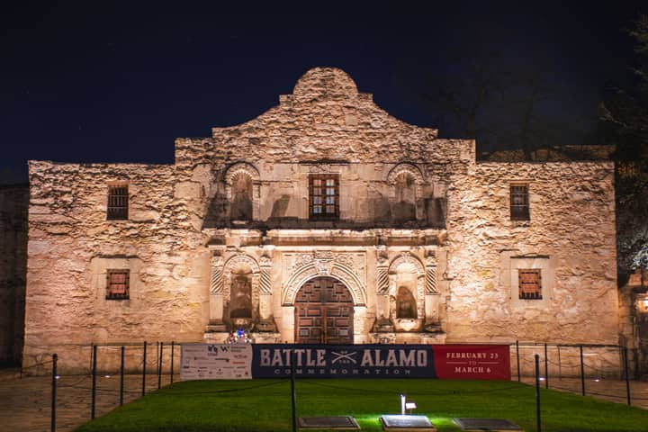 Stunning night view of the Alamo Mission in San Antonio, Texas, beautifully illuminated.