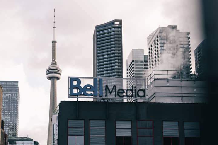View of Toronto skyline featuring the CN Tower and Bell Media sign.