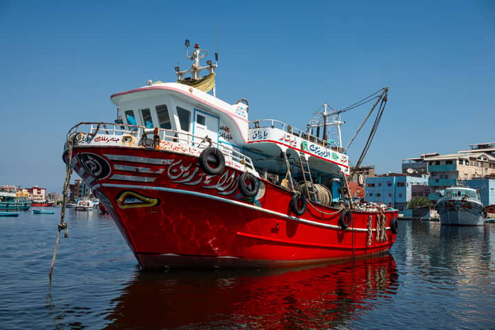 A striking red fishing boat docked in a sunny harbor with clear blue skies.