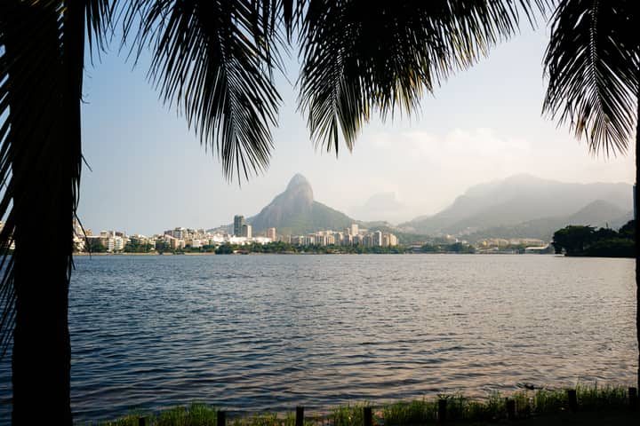 Panoramic view of Pedra da Gávea framed by palm trees in Rio de Janeiro, Brazil.