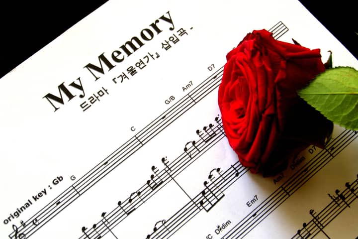 A red rose rests on sheet music titled 'My Memory', evoking romance and nostalgia.