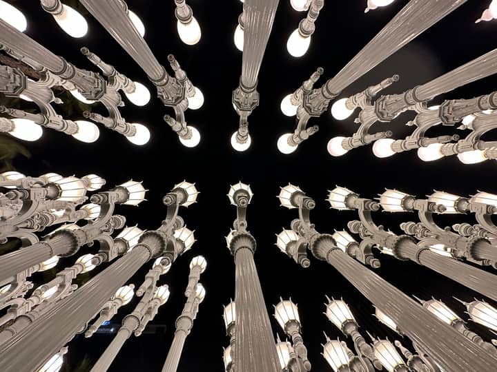 A striking perspective of the Urban Light installation at LACMA, Los Angeles.