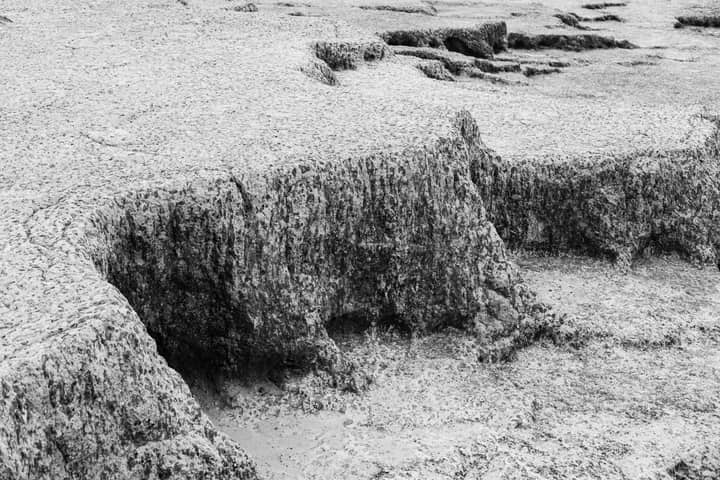 Black and white image of unique eroded rock formations in Natal, Brazil.