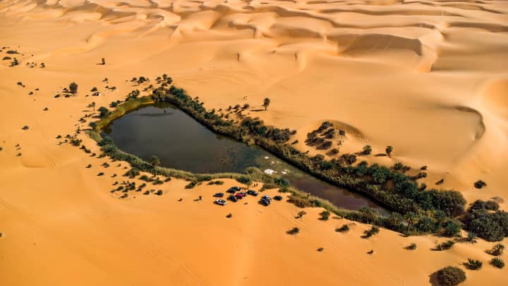 A stunning aerial view of an oasis surrounded by vast desert sand dunes.