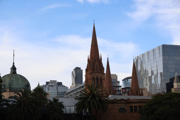 St Paul's Cathedral with the modern cityscape of Melbourne in the background.