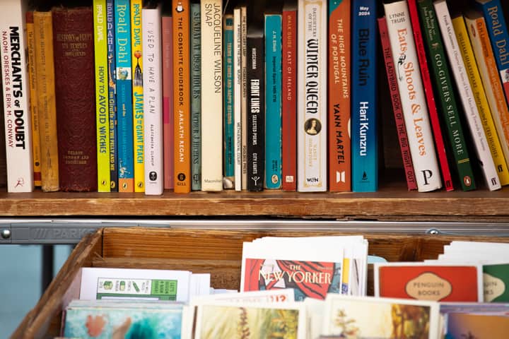 Bookshelf featuring a diverse collection of classic and modern literature in a cozy setting.