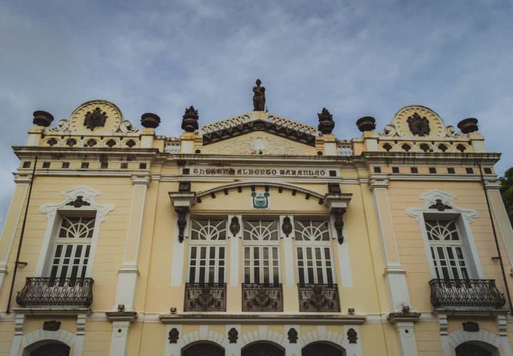 Elegant façade of Teatro Alberto Maranhão in Natal, Brazil, showcasing colonial architecture.