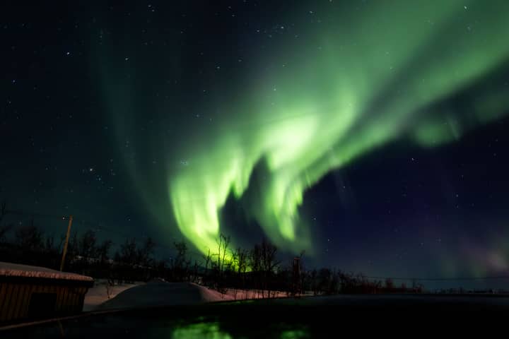 Captivating Northern Lights illuminating a snowy winter landscape in Tromsø, Norway.