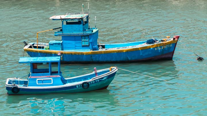 Two vibrant blue fishing boats anchored on serene turquoise waters, creating a tranquil scene.