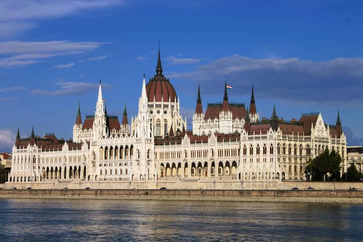 Stunning view of the Hungarian Parliament Building across the Danube River in Budapest.