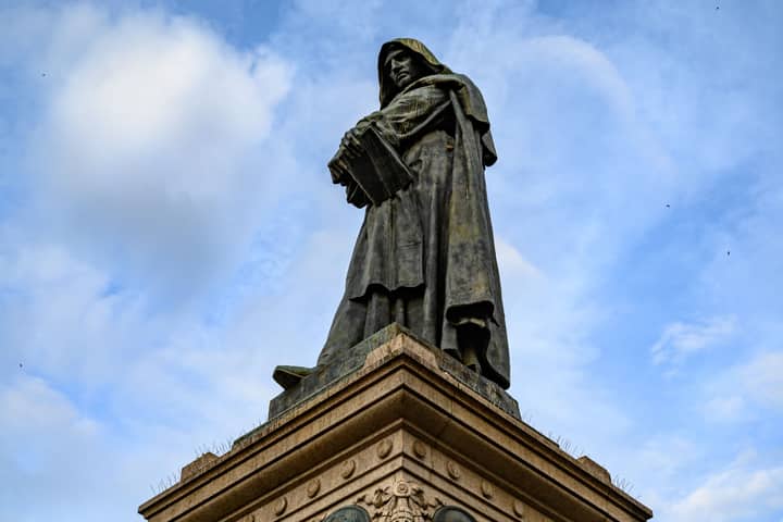 Captivating upward view of the Giordano Bruno statue in Rome, Italy.
