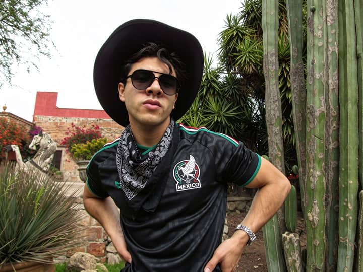 Casual young man in Mexico jersey and hat posing outdoors among plants in León, Mexico.